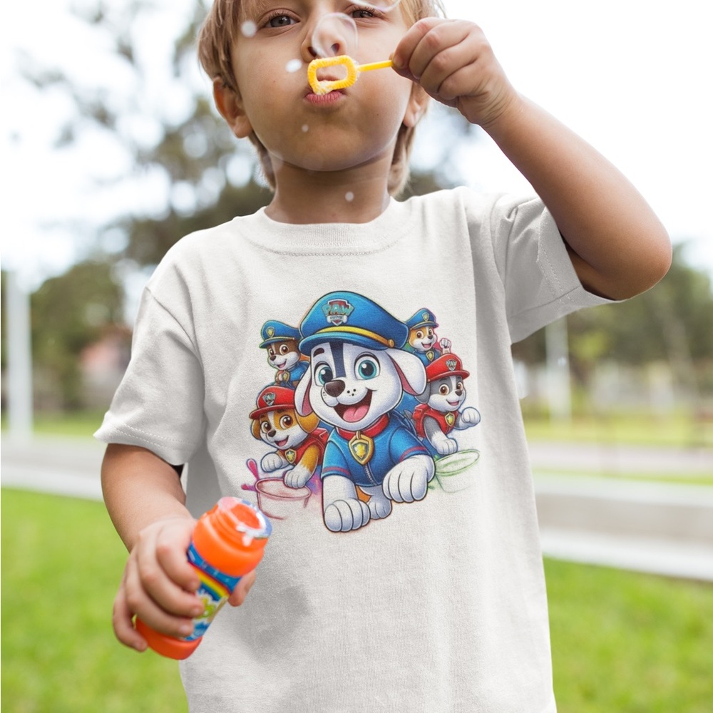 Kids White T-Shirt with Colorful Cartoon Pup Graphic